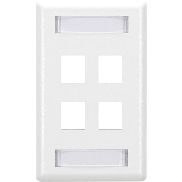 White 4-port network faceplate with vertical port alignment and dual label windows