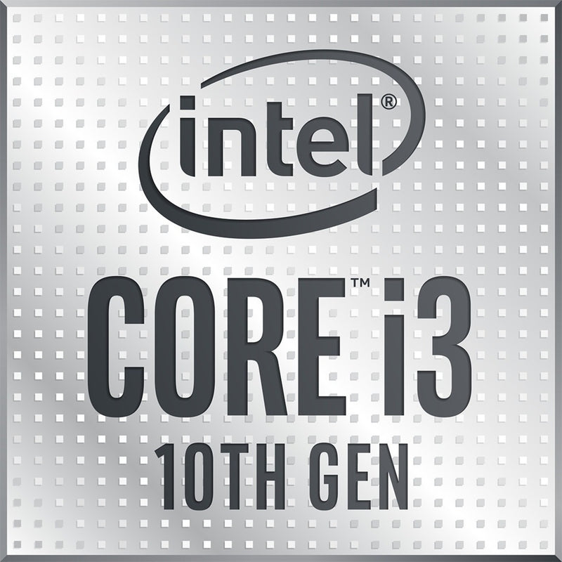 Intel Core i3 10th Generation processor logo on a white textured background with dotted pattern