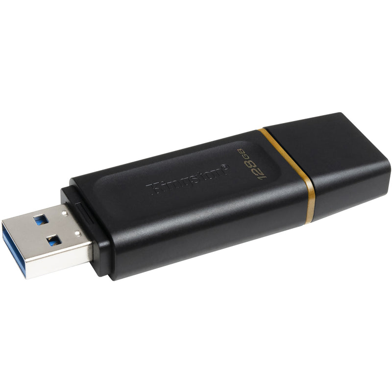 Kingston DataTraveler Exodia USB flash drive showing USB 3.2 connector and black casing with gold accent