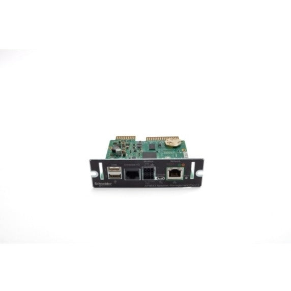 Angled view of APC AP9643 UPS Management Adapter showing multiple interface ports and circuit board design