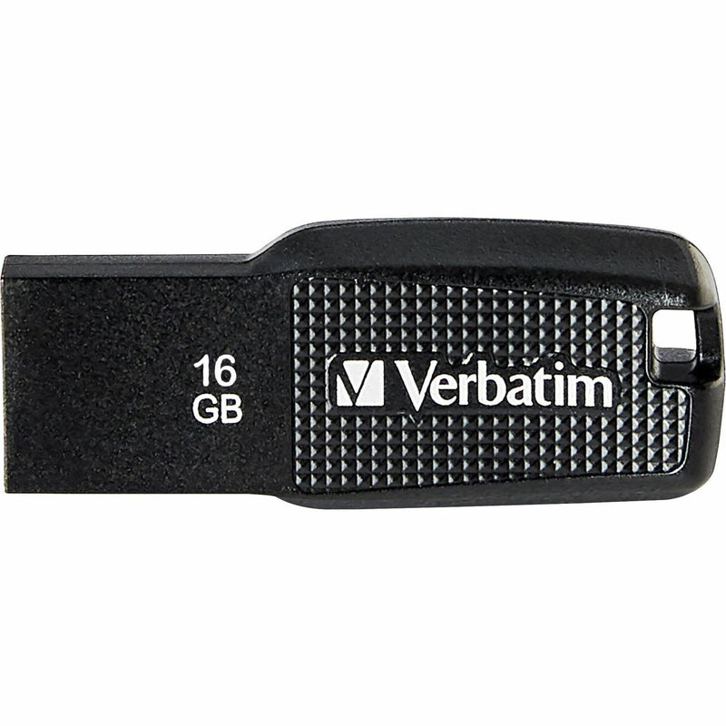 Close-up view of black Verbatim 16GB USB drive showing textured surface pattern and capacity marking