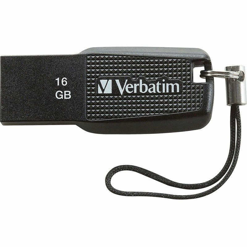 Detailed view of Verbatim USB drive highlighting ergonomic design and textured surface