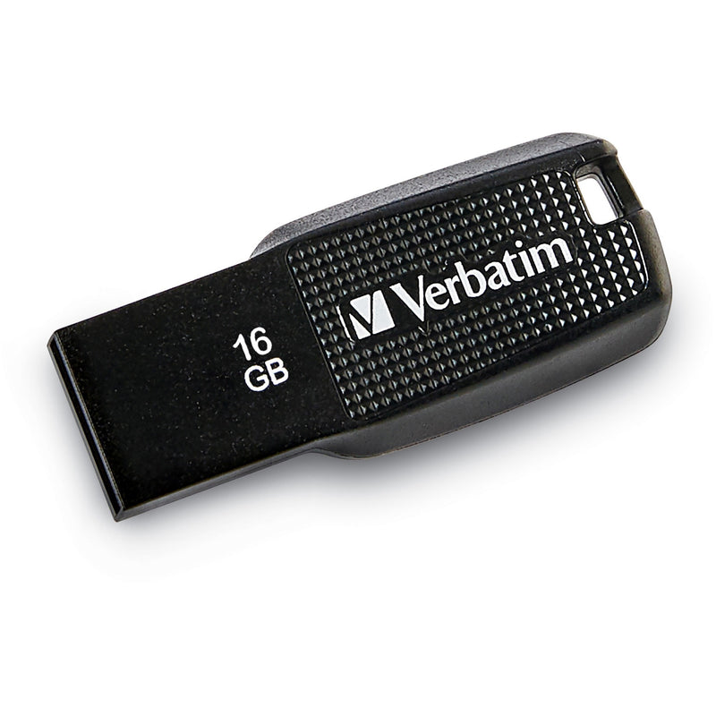 Angled view of black Verbatim USB drive showing capacity marking and brand logo