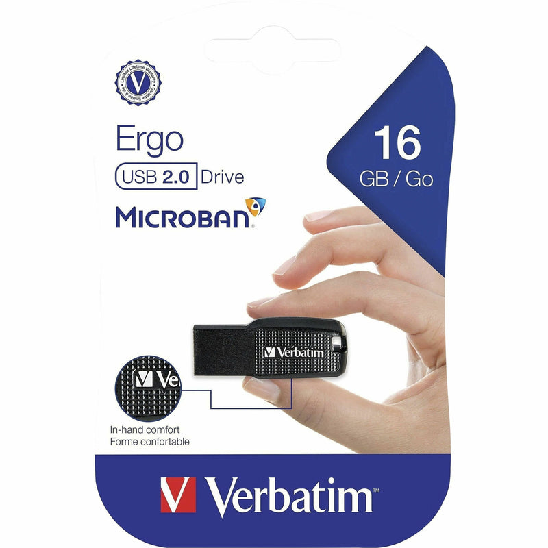 Product packaging showing Verbatim USB drive features and ergonomic design