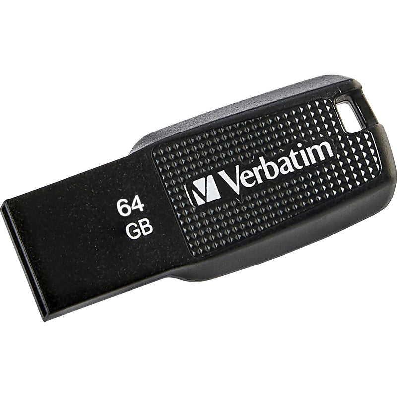 Verbatim 64GB Ergo USB flash drive featuring textured black surface and white branding