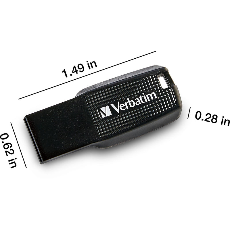 Verbatim USB drive with dimensional measurements showing compact size