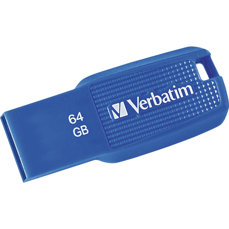 Blue Verbatim 64GB Ergo USB flash drive with textured grip pattern shown from side angle