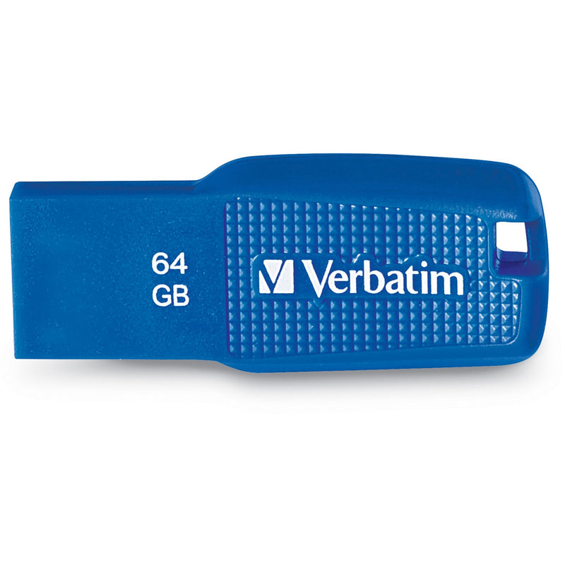 Top view of blue Verbatim 64GB USB drive showing textured surface and branding