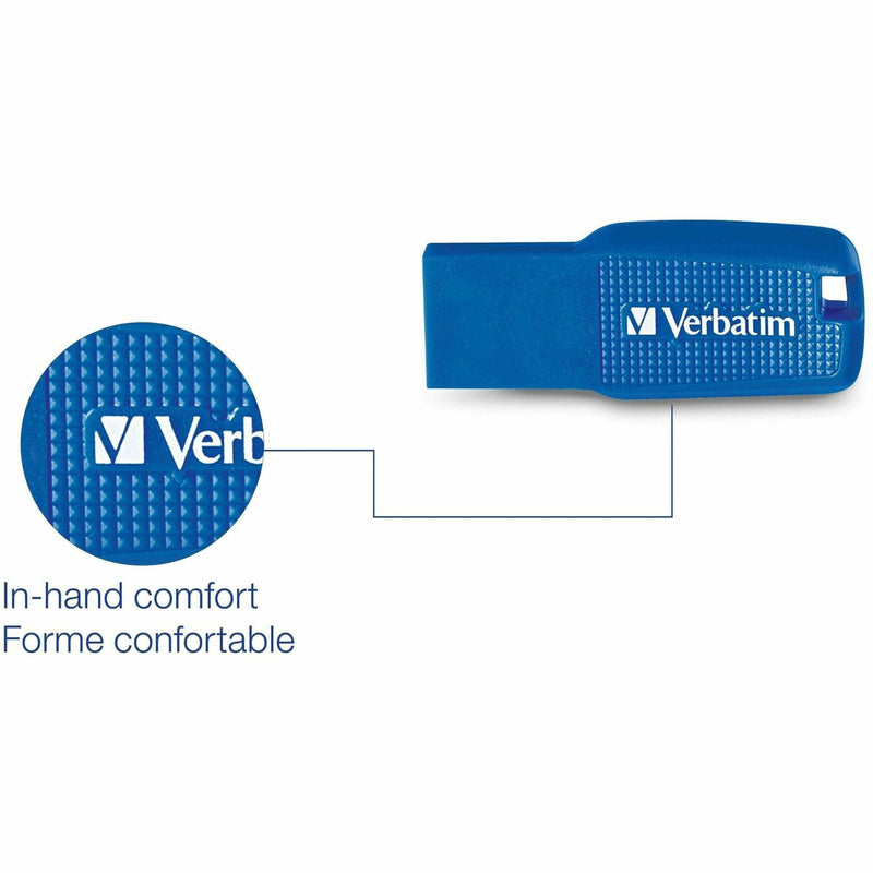 Close-up detail of Verbatim USB drive's textured surface pattern with in-hand comfort text