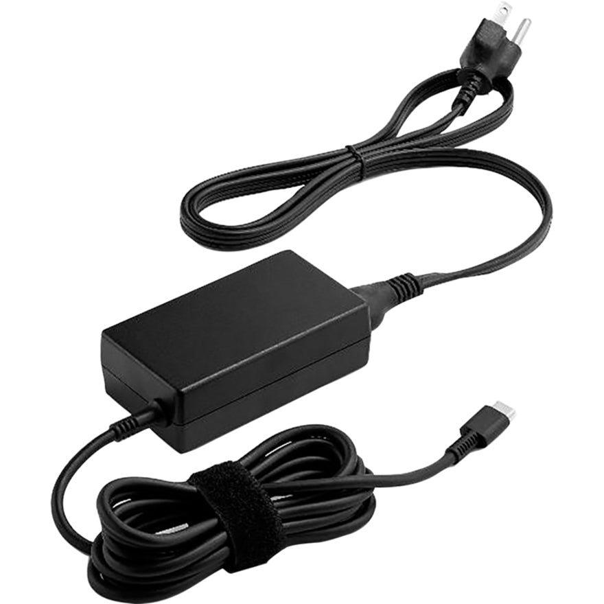 HP 65W AC adapter showing power brick with dual cables - main power cord and USB connector with cable management straps-alternate-image1