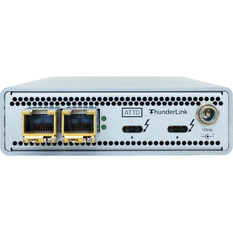 Front view of ATTO ThunderLink N3 3102T showing dual RJ45 ports, two Thunderbolt 3 ports, and power connector on a silver chassis-alternate-image1