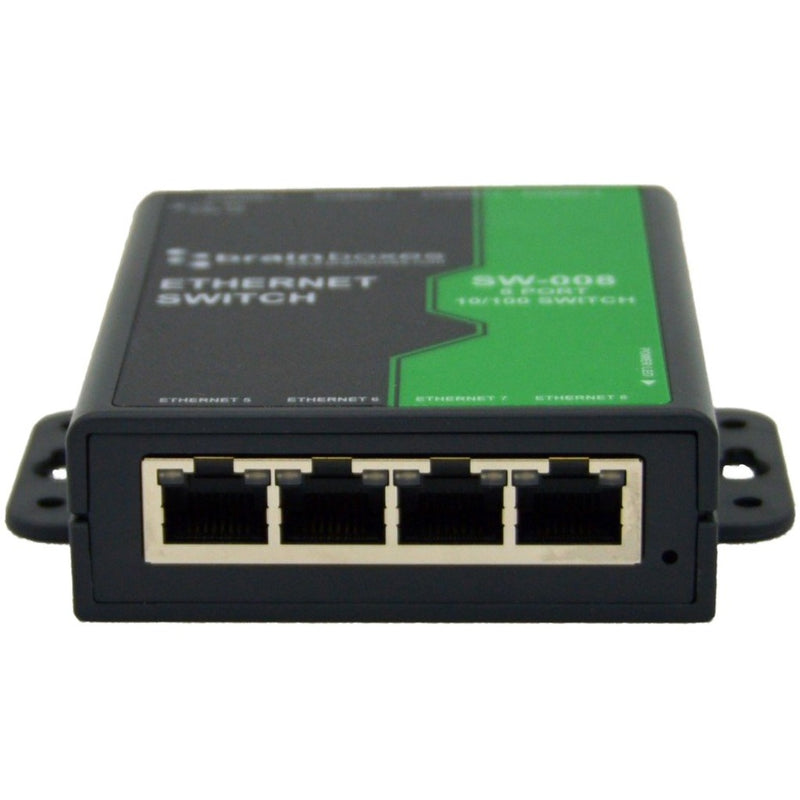 Close-up view of Brainboxes SW-008 Ethernet switch front ports and mounting brackets