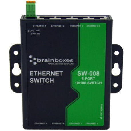 Front view of Brainboxes SW-008 8-port industrial Ethernet switch showing labeled ports and power terminal