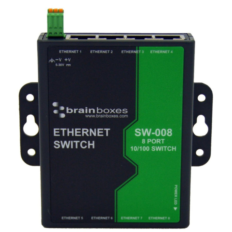 Direct front view of Brainboxes SW-008 showing port labels and status indicators