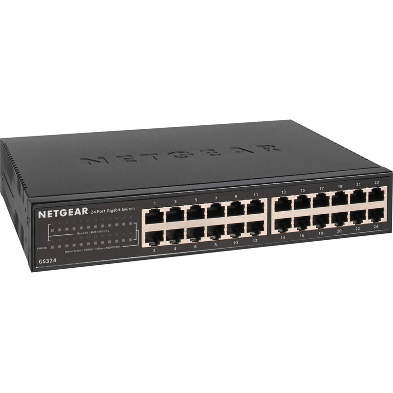 Front view of Netgear GS324 24-port Gigabit Ethernet switch showing numbered ports and LED indicators