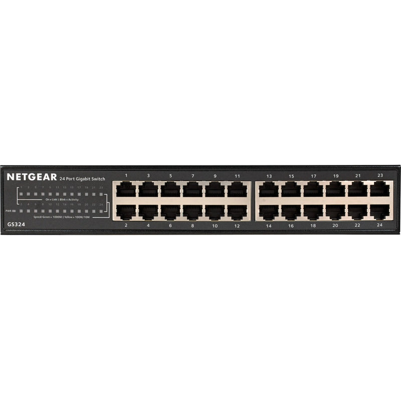 Close-up front view of Netgear GS324 switch showing port numbering and LED indicator panel