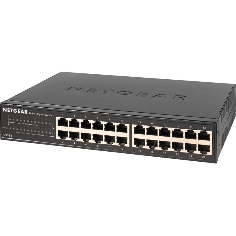 Angled view of Netgear GS324 switch showing sleek metal housing and port layout