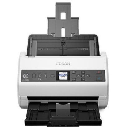 Front view of Epson DS-730N scanner showing LCD display and control panel interface