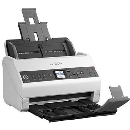 Side view of Epson DS-730N showing extended input and output trays