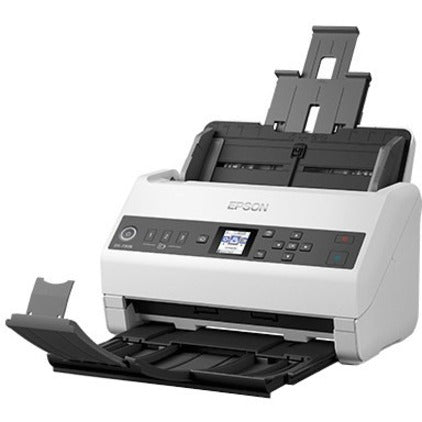 Epson DS-730N document scanner with extended paper feed tray and output tray in operational position