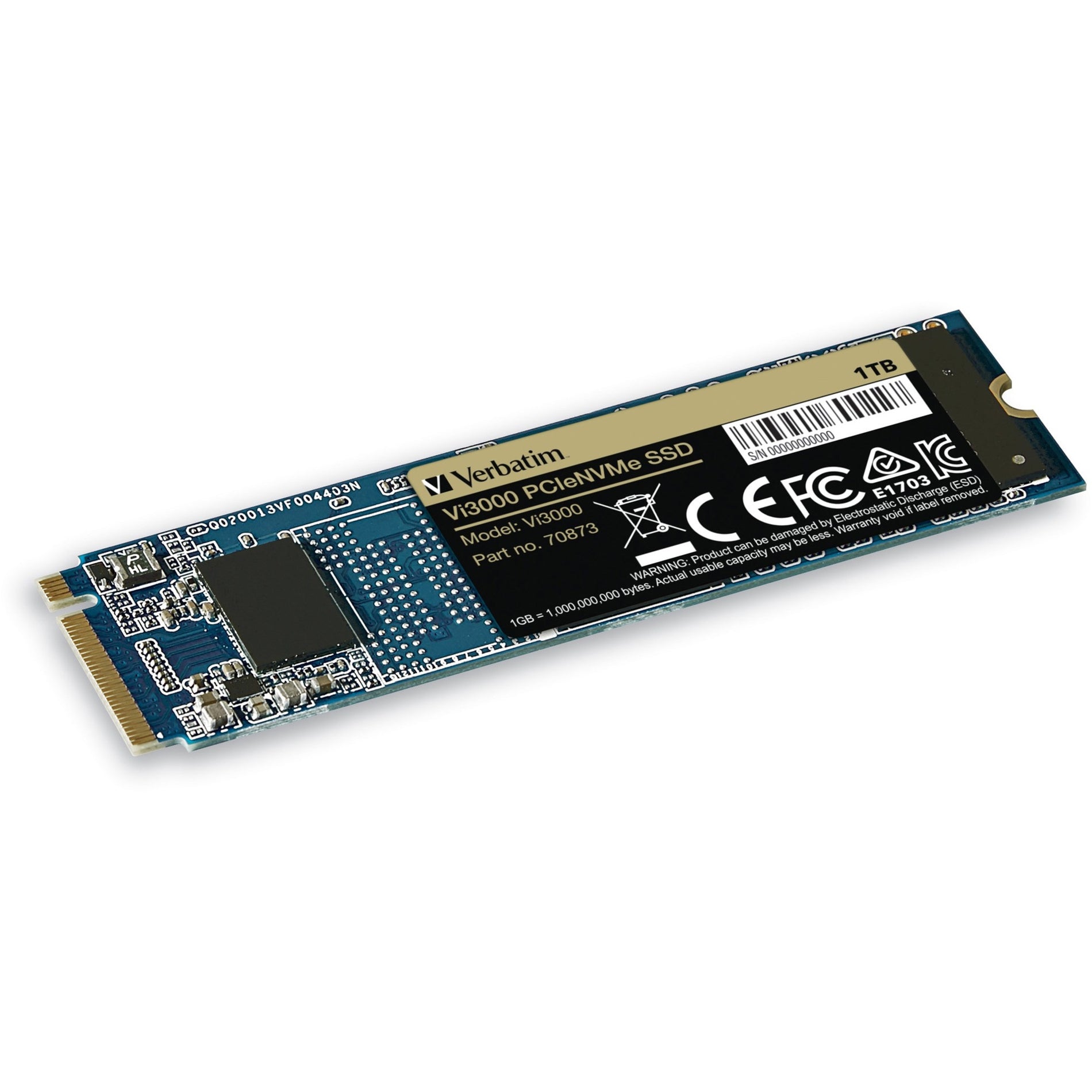 Verbatim 70873 1TB Vi3000 PCIe NVMe M.2 2280 Internal SSD, 5-Year Warranty, 3000 MB/s Read Speed