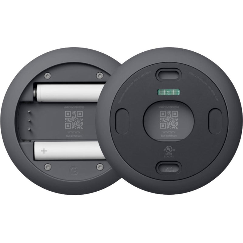 Back view of Google Nest Thermostat showing battery compartment, mounting system, and level indicator