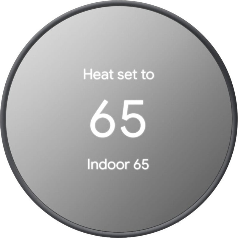 Front view of Google Nest Thermostat with 65-degree temperature display and indoor temperature reading