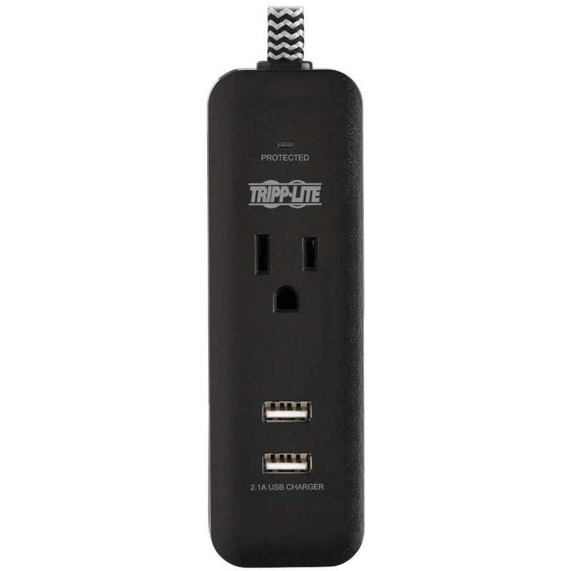 Vertical view of surge protector highlighting outlet and USB ports