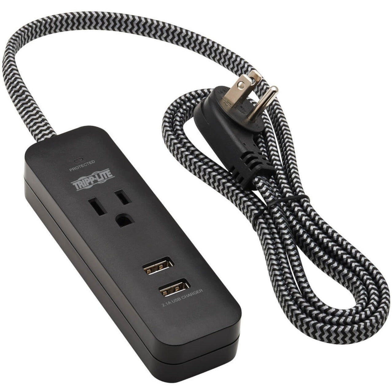 Full length view of surge protector with braided cord and right angle plug-alternate-image2