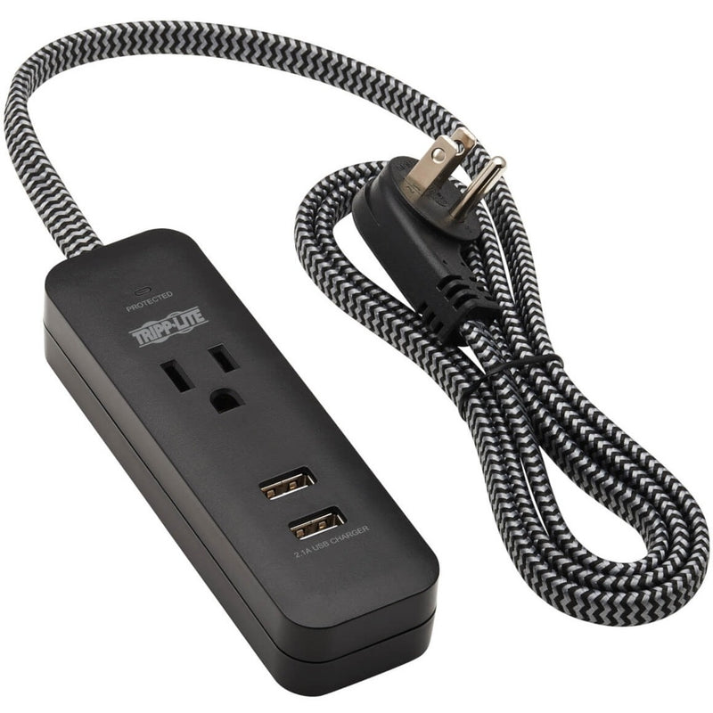 Full length view of surge protector with braided cord and right angle plug