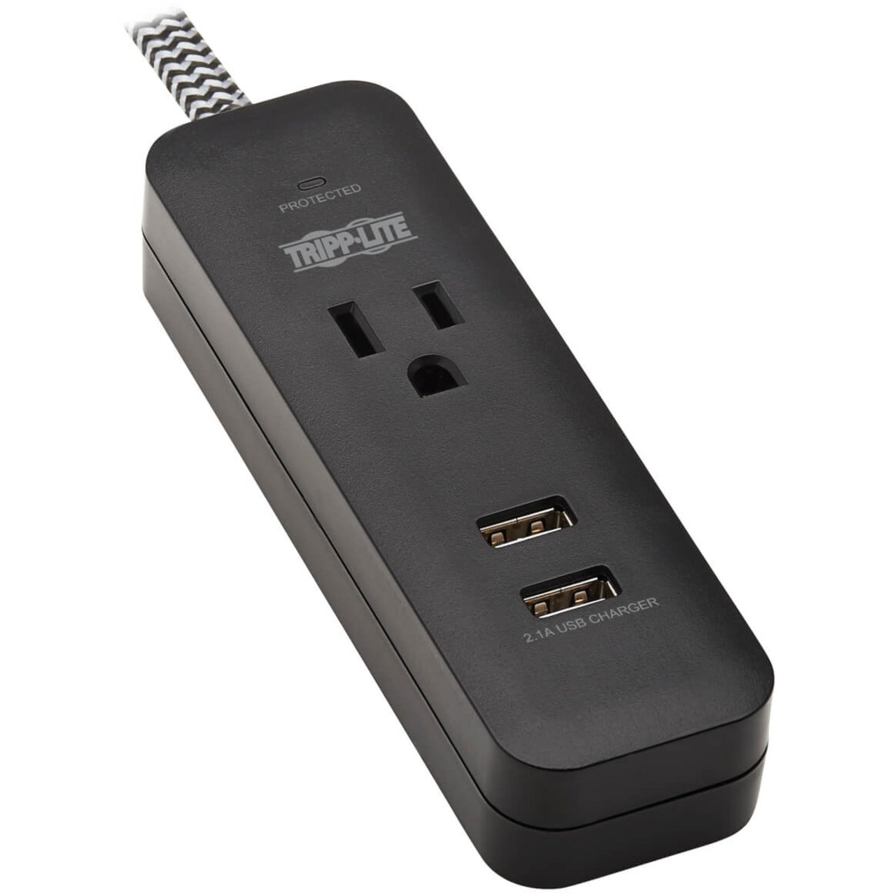 Front view of Tripp Lite surge protector showing single outlet and dual USB ports-alternate-image1