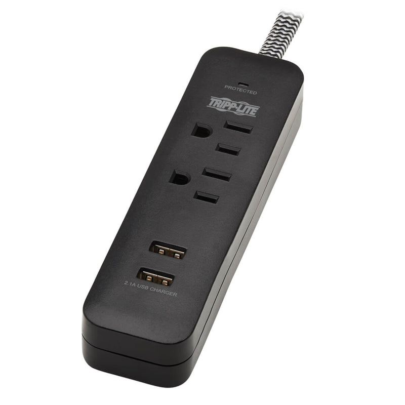 Angled perspective of Tripp Lite surge protector showing outlet and USB port layout