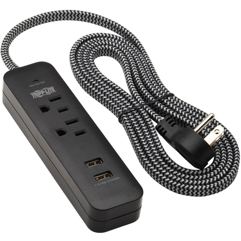 Tripp Lite surge protector with braided power cord and right-angle plug fully extended