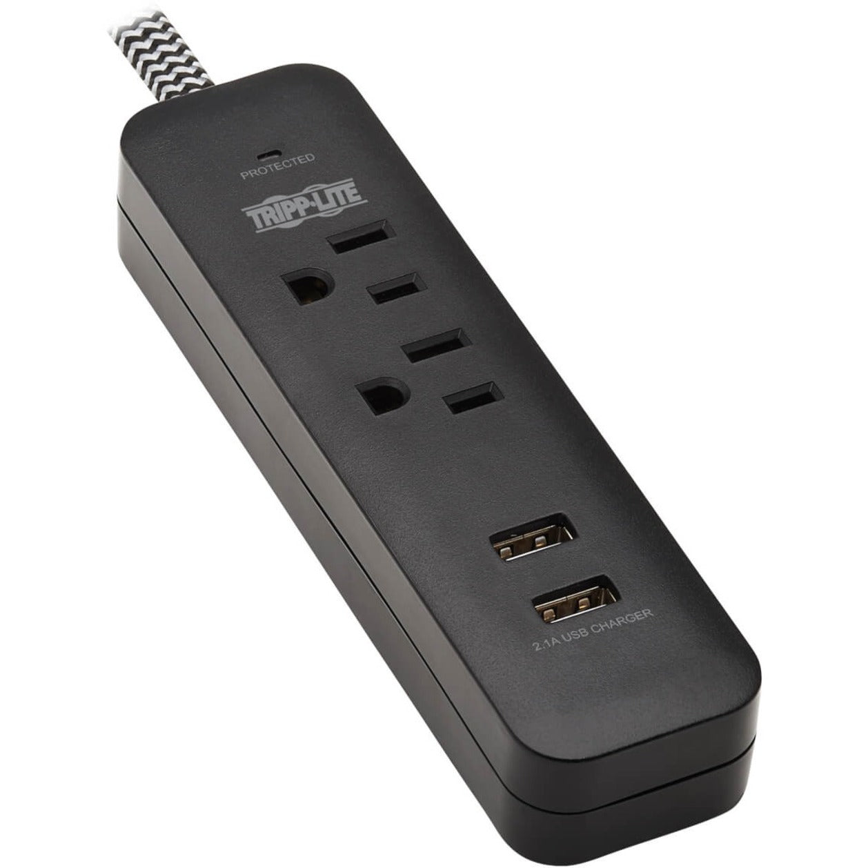 Top view of Tripp Lite TLP206USB surge protector showing two AC outlets and two USB ports on black housing-alternate-image1