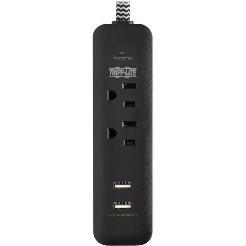 Close-up front view of Tripp Lite surge protector outlets and LED indicator