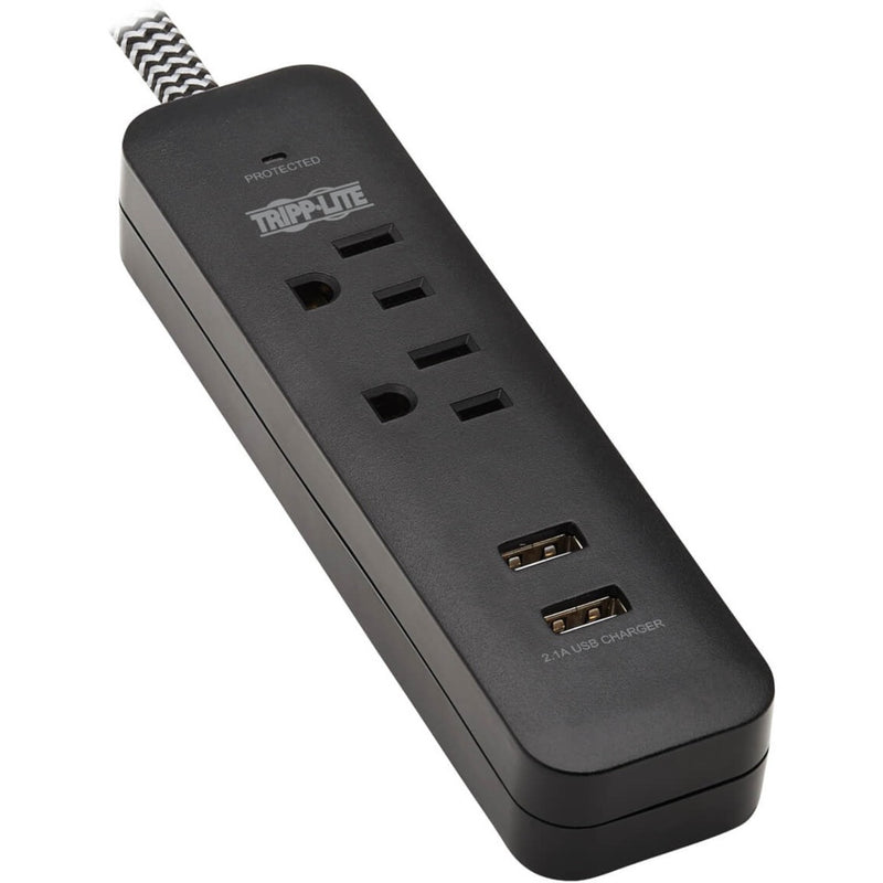 Top view of Tripp Lite TLP206USB surge protector showing two AC outlets and two USB ports on black housing