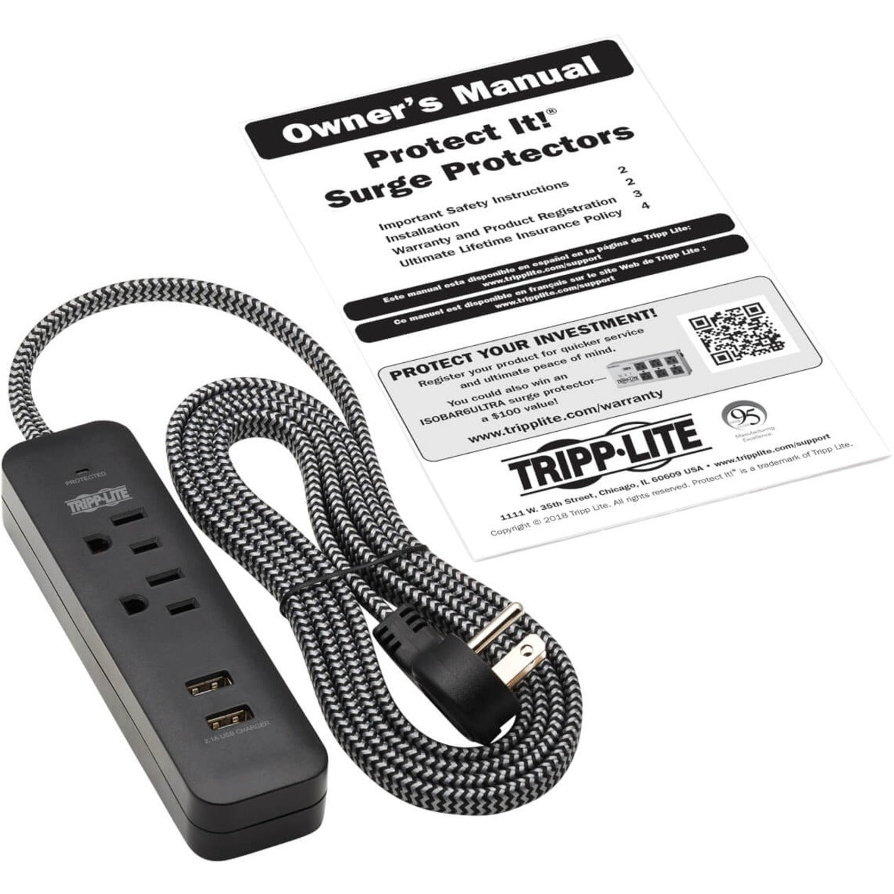 Tripp Lite TLP206USB Protégez-le ! 2 Prises de courant parafoudre/Protection 2 USB Câble de 18 m 450J