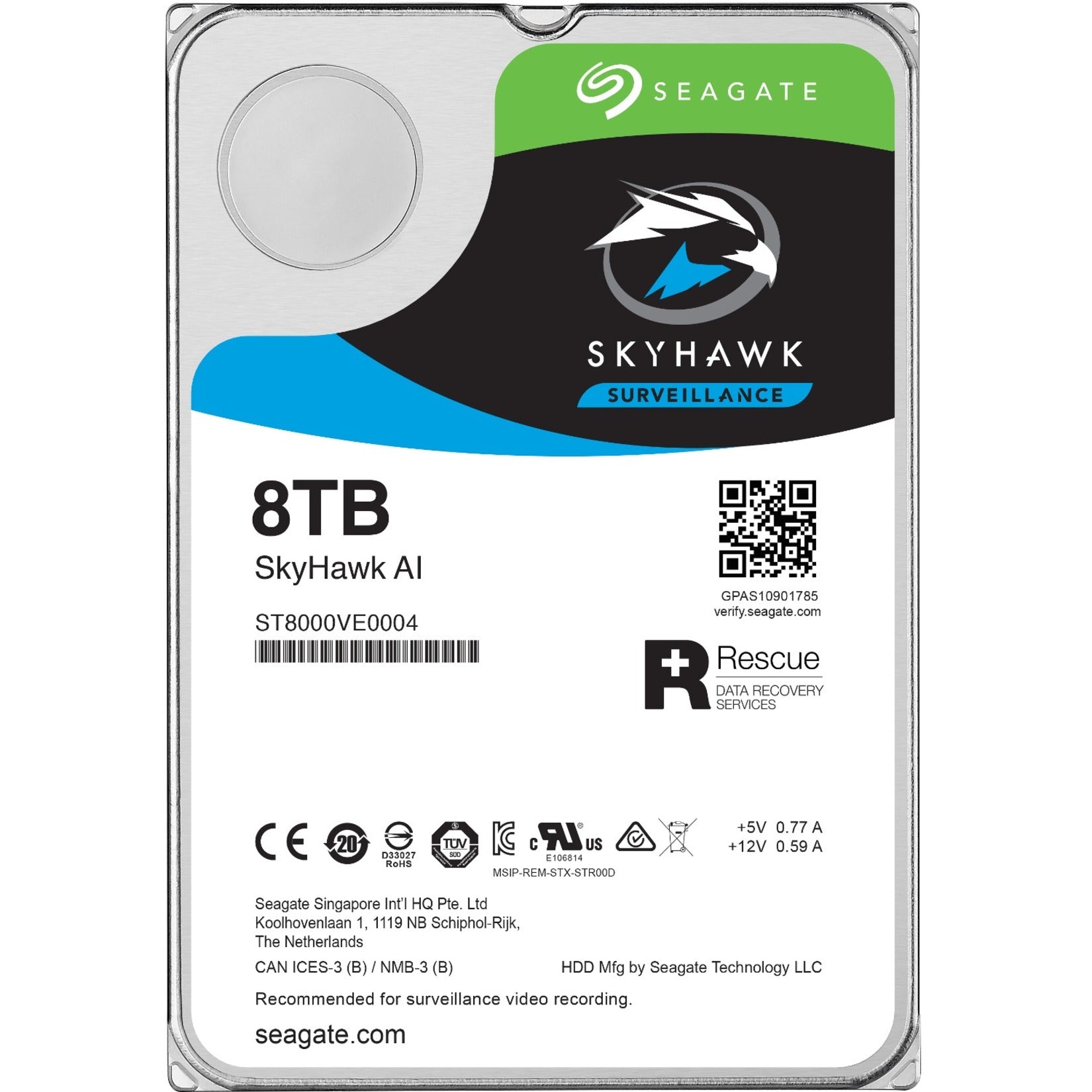 Seagate ST8000VE001 SkyHawk AI 8TB Hard Drive, 24x7 Surveillance Storage