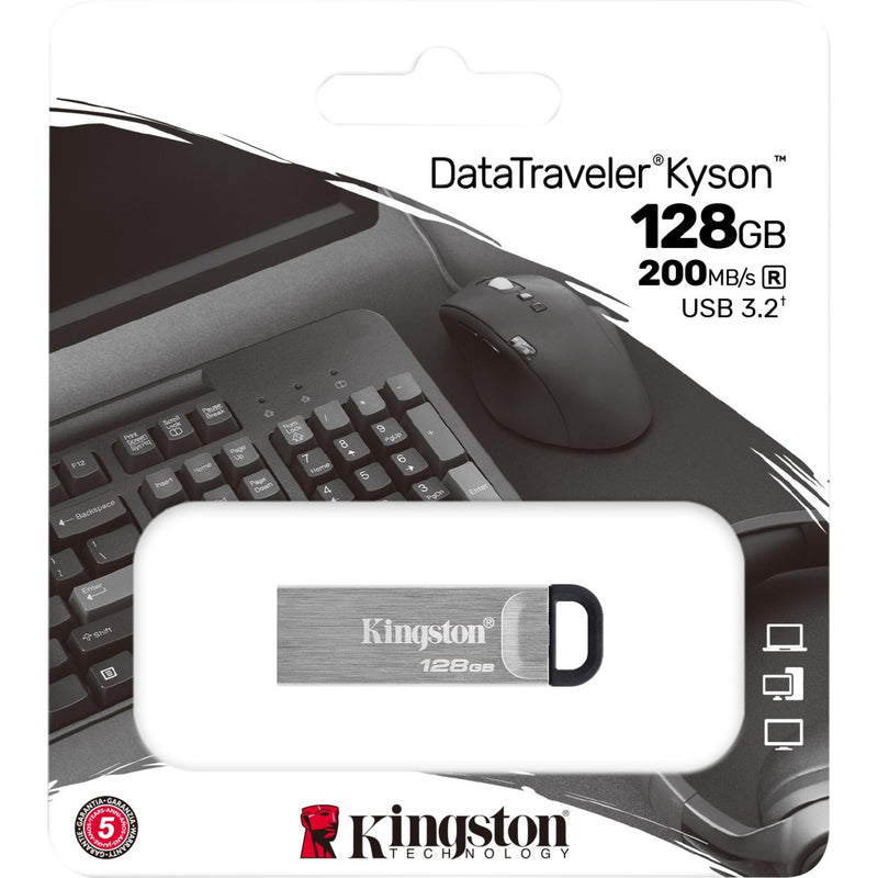 Kingston DataTraveler Kyson retail packaging showing product specifications and computer setup