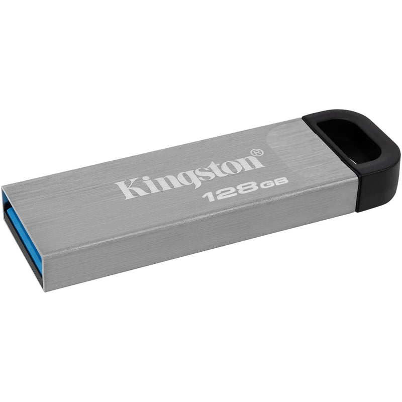 Kingston DataTraveler Kyson 128GB USB flash drive featuring silver metallic finish with black accents