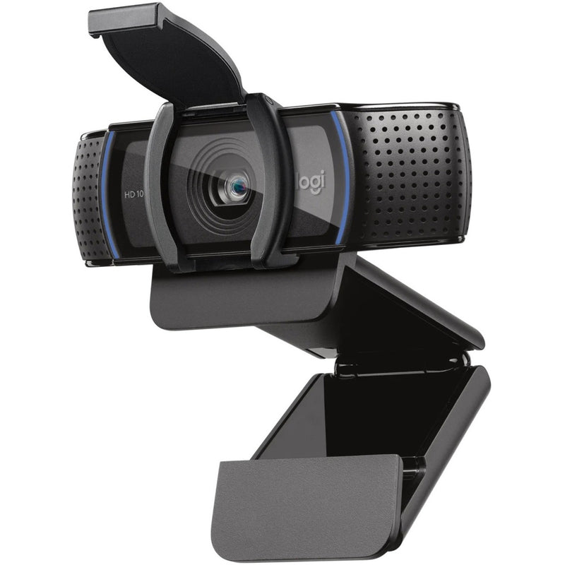 Side view of Logitech C920e webcam showing articulating mount and privacy shield