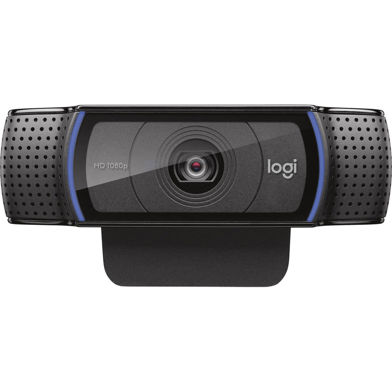 Front view of Logitech C920e webcam highlighting HD lens and dual microphones