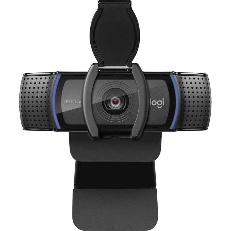 Logitech C920e business webcam with privacy shutter in open position showing HD 1080p lens