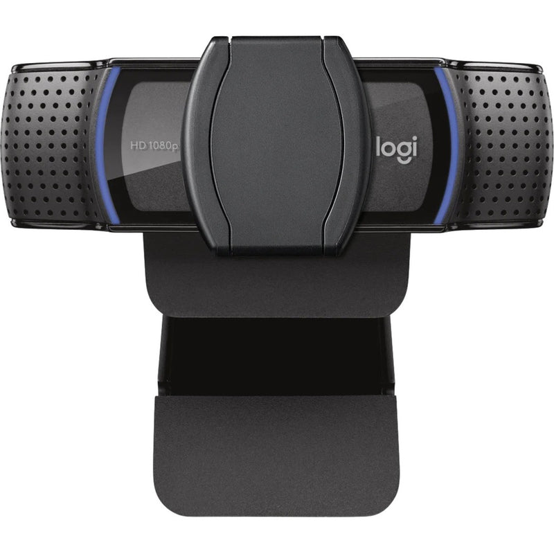 Logitech C920e webcam mounted on stand showing adjustable clip mechanism