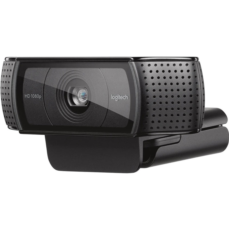 Side angle view of Logitech C920e webcam highlighting dual microphone system