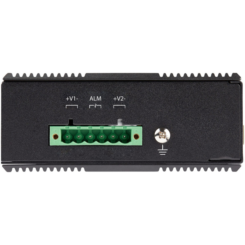 Close-up of terminal block power connector on StarTech.com industrial Ethernet switch