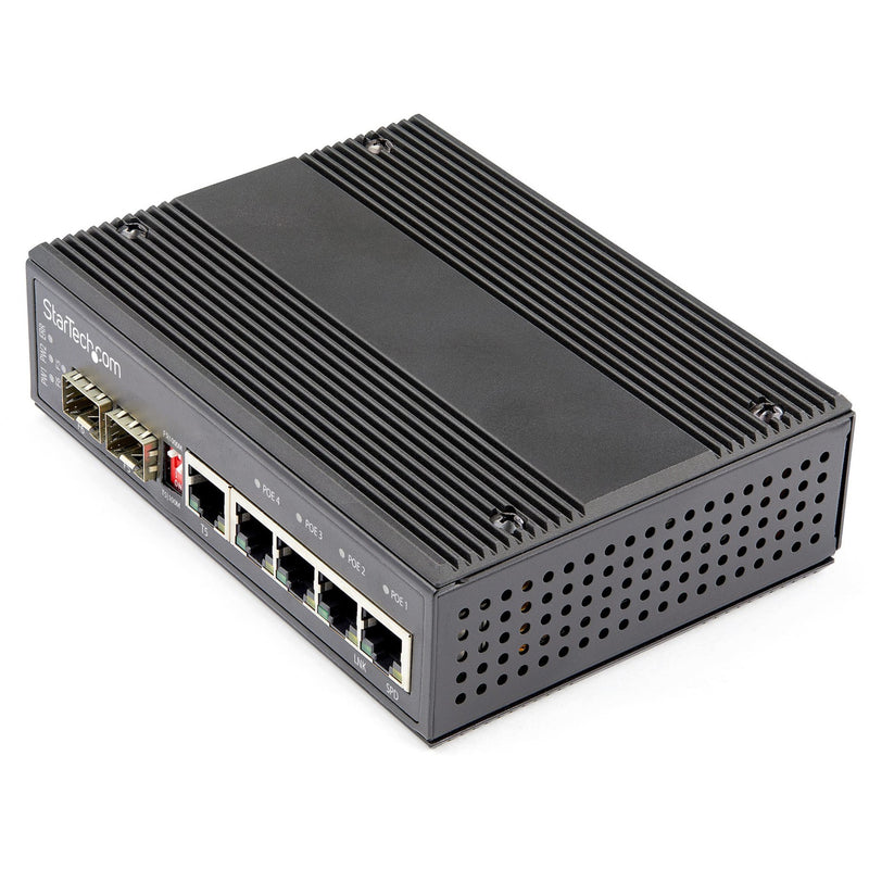 StarTech.com industrial Ethernet switch with aluminum heat sink design showing finned cooling surface