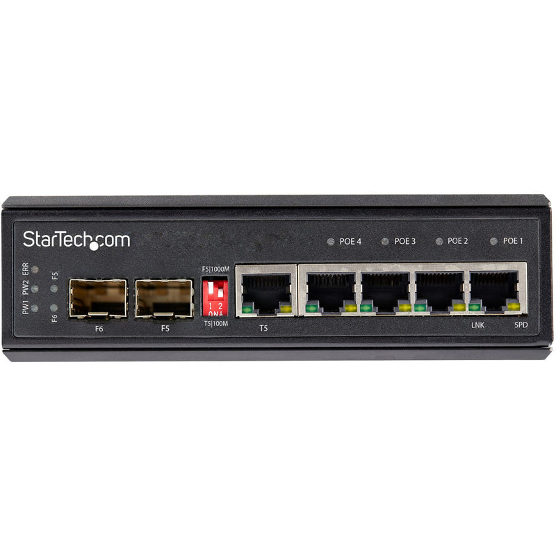 Front panel view of StarTech.com Ethernet switch showing PoE ports and SFP slots