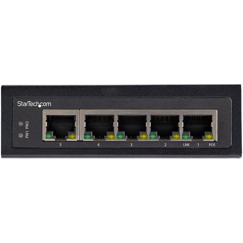 Front view of StarTech.com switch showing 5 Gigabit Ethernet ports with LED indicators