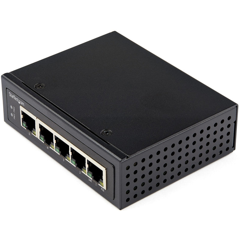 Top angled view of StarTech.com 5-port industrial Ethernet switch showing ventilated black metal housing